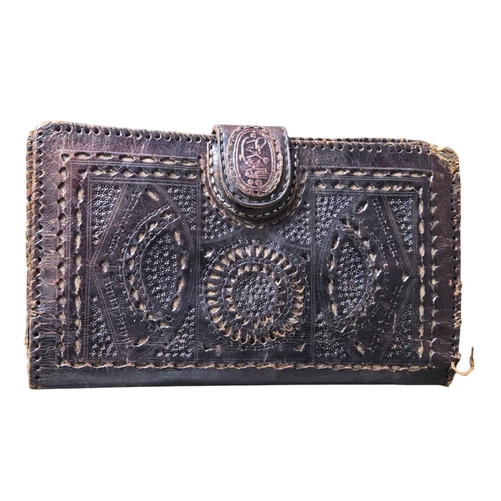 Vintage Hand Tooled Brown Leather Wallet Clutch Checkbook Organizer Embossed Lrg